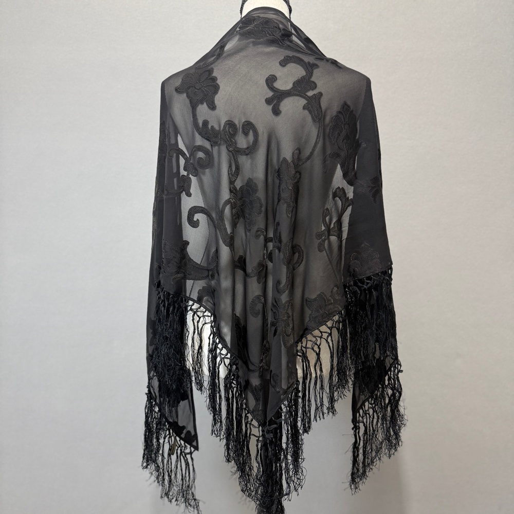 Lauren Ralph Lauren Silk Piano Shawl 67X30 Black Sheer Appliqué Fringe Wrap LRL